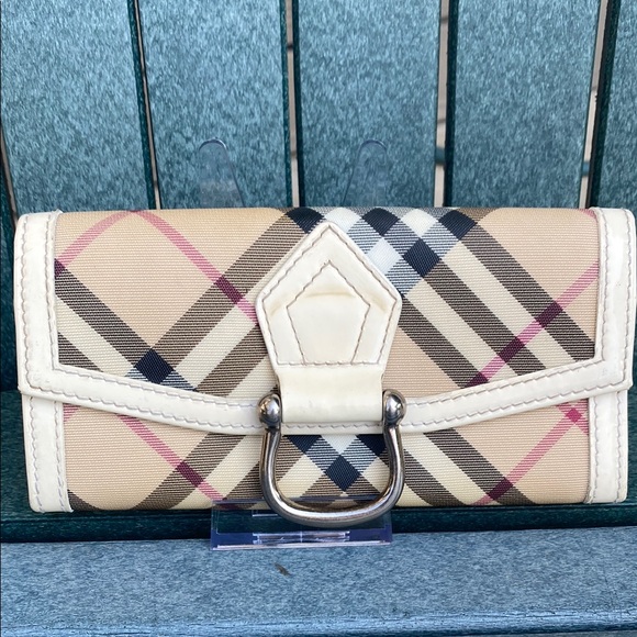 Burberry Tan and Cream Plaid Folded Long Wallet with Silver Hook - Picture 1 of 8
